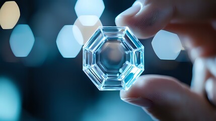 Sparkling octagonal diamond held between fingers against blurred blue bokeh background, showcasing luxury jewelry craftsmanship and precious stone detail.