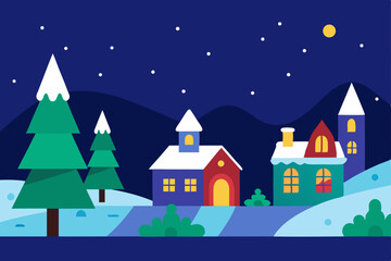 Christmas night winter landscape with houses and snow, a festive holiday village scene