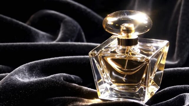 Elegance captured golden perfume bottle resting on luxurious black velvet folds with studio lighting and perfume product shot 