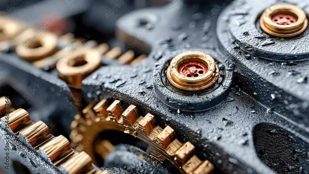 Poster wet gears and chain system of an engine in extreme close-up, showing mechanical texture, metallic st