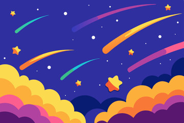 A bright, starry night sky with a crescent moon and wispy clouds