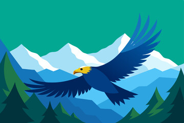 Bald eagle flying with outstretched wings over mountains, a symbol of freedom and nature
