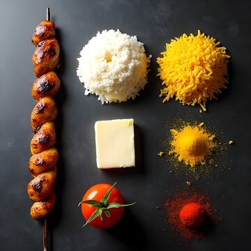 The Kebab Blueprint: A Meticulous Top-Down Flat Lay of Deconstructed Chelo Kebab.

