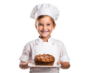 Portrait of a smiling little girl chef holding a pastry on a transparent background on a transparent background