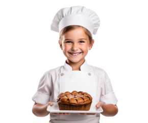 Portrait of a smiling little girl chef holding a pastry on a transparent background on a transparent background