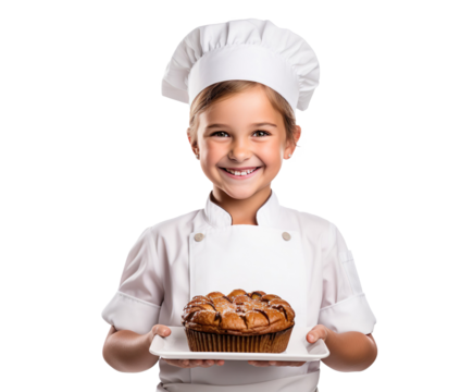 Portrait of a smiling little girl chef holding a pastry on a transparent background on a transparent background