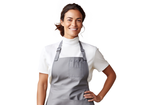 Portrait of a smiling woman wearing a cooking apron in the kitchen on a transparent background - Powered by Adobe