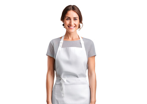 Portrait of a smiling woman wearing a cooking apron in the kitchen on a transparent background
