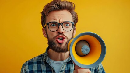 Excited young man shouting into a yellow megaphone with energy and expression against a vivid wall - Powered by Adobe