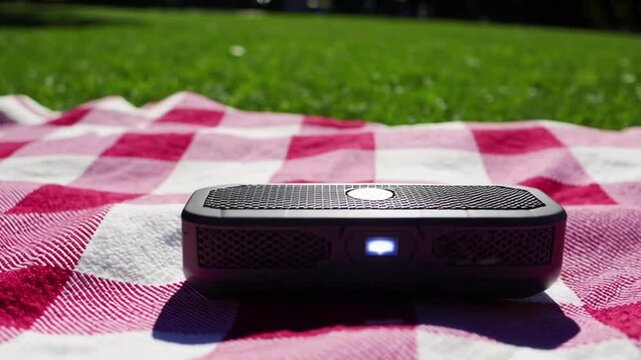 Portable Bluetooth Speaker on Picnic Blanket - Outdoor Music and Summer Leisure

