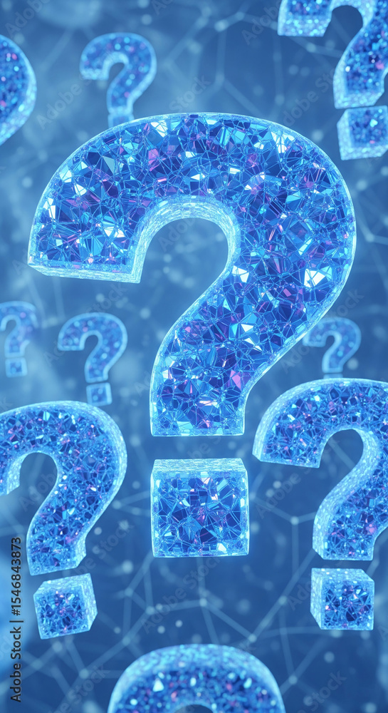 Poster crystalline blue question marks float against a blurred network background, symbolizing inquiry, unc