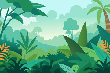 Tropical island beach with palm trees, a vibrant green jungle, and a bright summer sky illustration