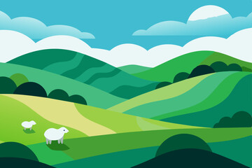 Fototapeta premium Green landscape with rolling hills and mountains under a blue sky, illustrating nature's vibrant summer view