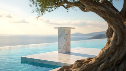 Fototapeta premium Serene Infinity Poolside Marble Table Tranquil Luxury Design