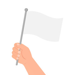 Human hand holding white waving flag on pole. Symbol of peace, surrender, truce, or neutrality. Flat design vector illustration on white background. Concept for protest, diplomacy or anti-war themes