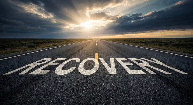 Asphalt road stretching towards sunset, word "RECOVERY" painted on surface, symbolizing journey to healing and progress