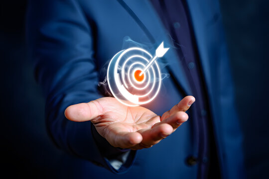 Palm of Purpose A Hand Presenting a Luminous Target with Arrow, Representing Strategic Vision and Goal-Oriented Thinking in Business