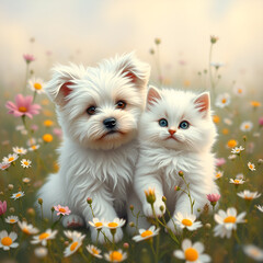 White dog and white kitten in a floral field 