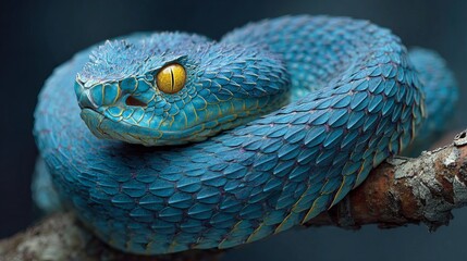 Fototapeta premium Vibrant Blue Viper Snake Coiled on Branch Exotic Reptile Wildlife Nature Photography