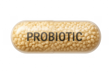 Probiotic supplement capsule containing freeze-dried granules, highlighting digestive wellness against transparent backdrop, showcasing microbiome support