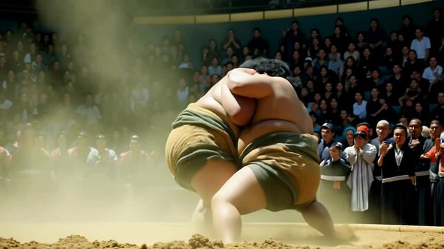 Two sumo wrestlers clash in intense match at traditional arena during tournament