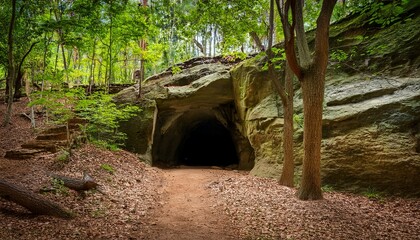 entrance to a small cave near the rock quarry trail through the woods at the rockwoods reservation in wildwood mo