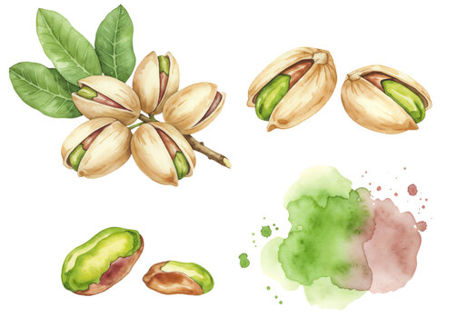 Watercolor pistachio nut and leaf element set isolated for food packaging and botanical design