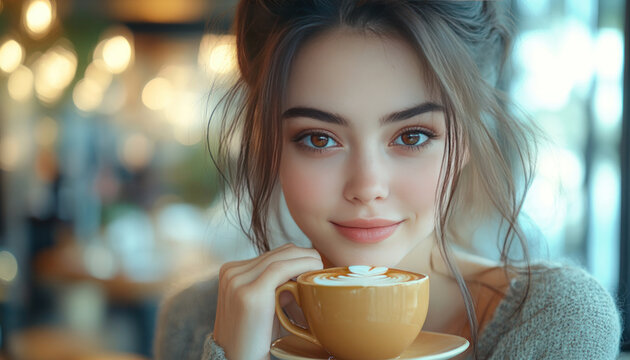 Portrait of a young woman with perfect skin, expressive eyes and a slight smile, holding a cup of cappuccino with latte art - Powered by Adobe