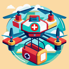 A medical drone with a red cross sign and supply box shown clearly in center view colorful art on white background