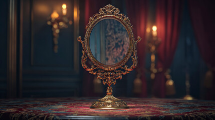 A gold mirror sits on a table in a dimly lit room