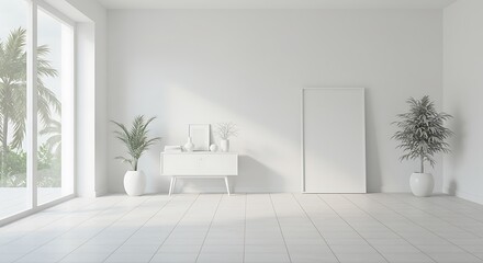 Serene white room with verdant accents