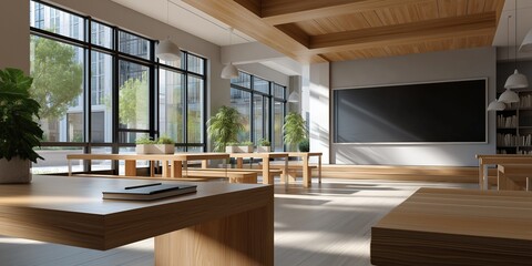Modern sunlit library study area with large windows and wooden furniture