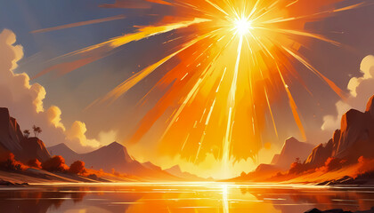 Yellow orange sunburst background, sunrise over the mountains, nature wallpaper 
