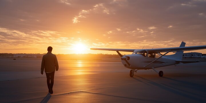 Silhouette of male walking towards small aircraft on runway at sunset