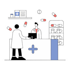 Man Customer Standing near Cashier Desk and Holding Medical Prescription. Doctor Pharmacist Consulting Patient in Pharmacy Store. Pharmaceutical Industry. Flat Cartoon Vector