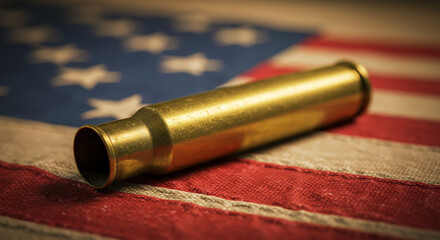 A golden bullet casing rests on a blurred american flag background in a close up patriotic image scene