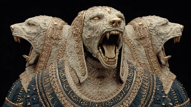 Ancient Guardian Statue featuring three snarling dogs with detailed golden ornamentation and intricate design