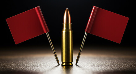 A bullet stands between two red flags on a textured surface against a dark background in a studio shot