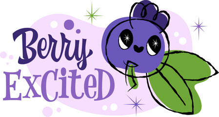 Berry Excited - features a playful, retro 50s style with bold letters in purple. Decor elements include whimsical berry motifs and sparkles, with a color palette of purples, greens, and soft pastels.