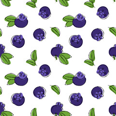 50s retro style seamless pattern with blueberry and leaf on transparent background. Repeating print for food packaging.