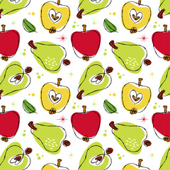 Fruits and berries pattern featuring apples and pears. 50s retro style illustrations with decorative stars and leaves. Bold colors like red, green, and yellow against a transparent background.