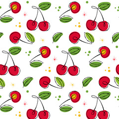 Pattern with red cherries and green leaves in 50s retro style. Seamless background for fabric design, wrapping paper, summer theme.