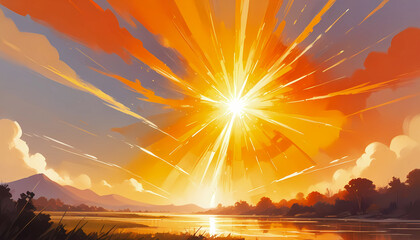 Yellow orange sunburst background, sunrise over the mountains, nature wallpaper 