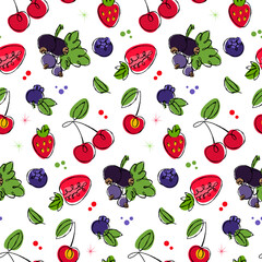 Colorful berries and fruits seamless 50s retro style pattern, hand drawn doodle art for fabric, packaging on transparent background.