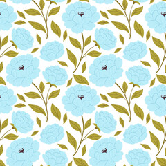 Seamless vector pattern featuring delicate light blue peonies with olive green leaves on a clean white background. 