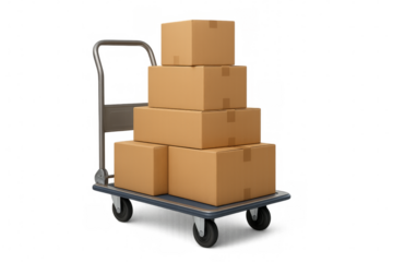 Hand truck carrying stacked cardboard boxes on transparent background