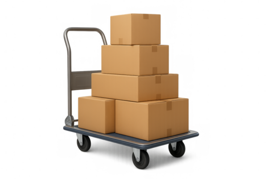 Hand truck carrying stacked cardboard boxes on transparent background