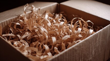 Cardboard Box Filled with Wood Wool Packing Material for Shipping and Packaging Supplies