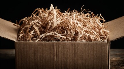 Cardboard Box Filled with Eco-Friendly Wood Wool Packing Material for Secure Shipping and Product Protection
