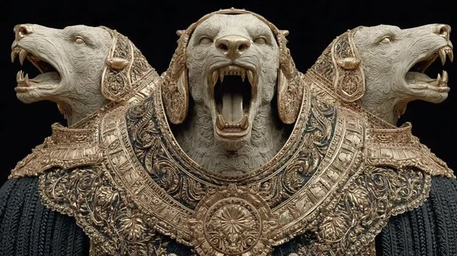Captivating Cerberus: Mythological Guardian with Golden Armor and Ferocious Roar